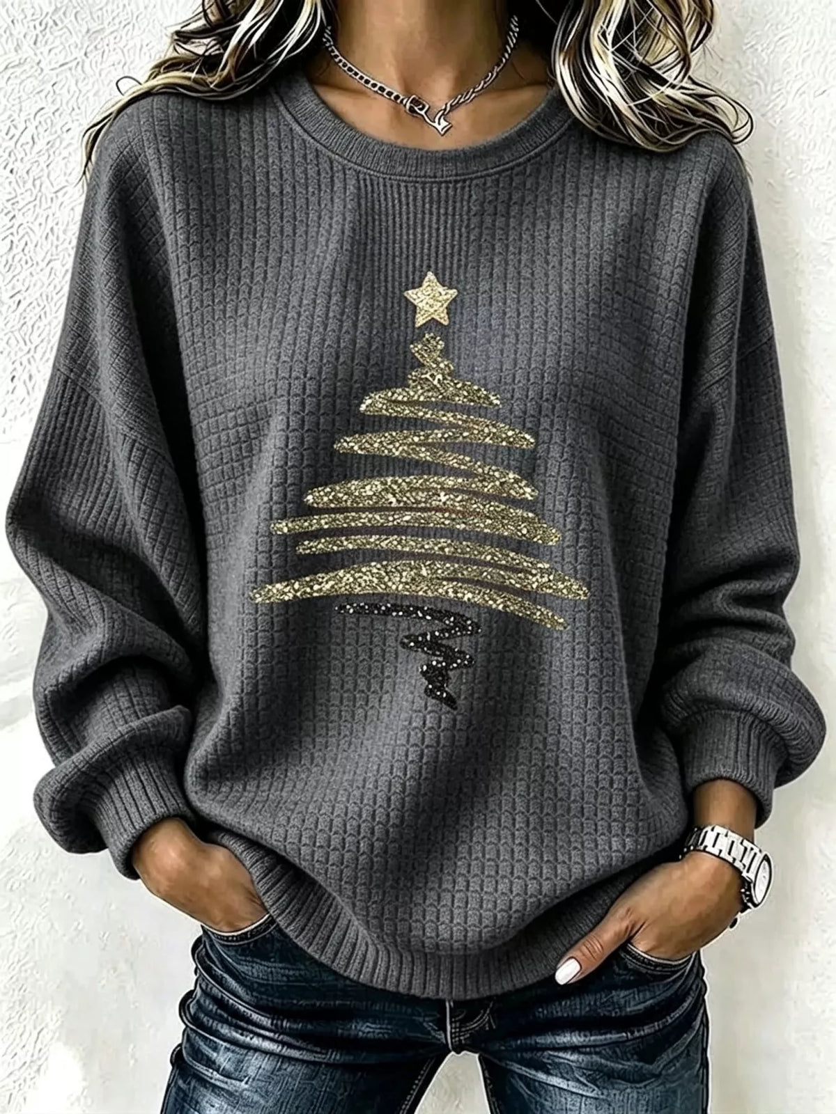 Full Size  Festive Christmas Tree Graphic Ribbed Sweatshirt Plus Size
