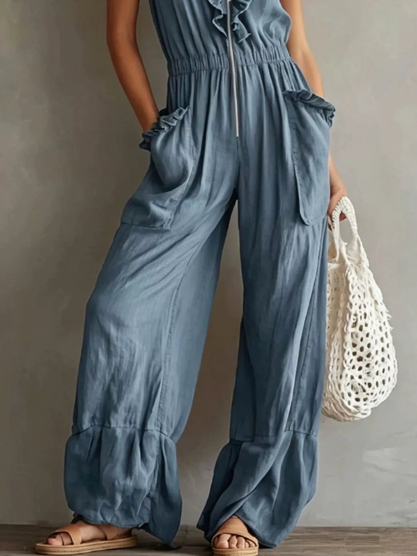 Ruffled V-Neck Wide Leg Jumpsuit