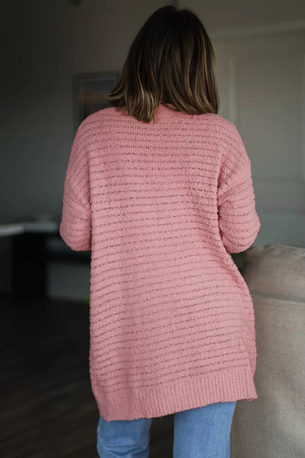 Open Front Soft Fuzzy Ribbed Sweater Cardigan