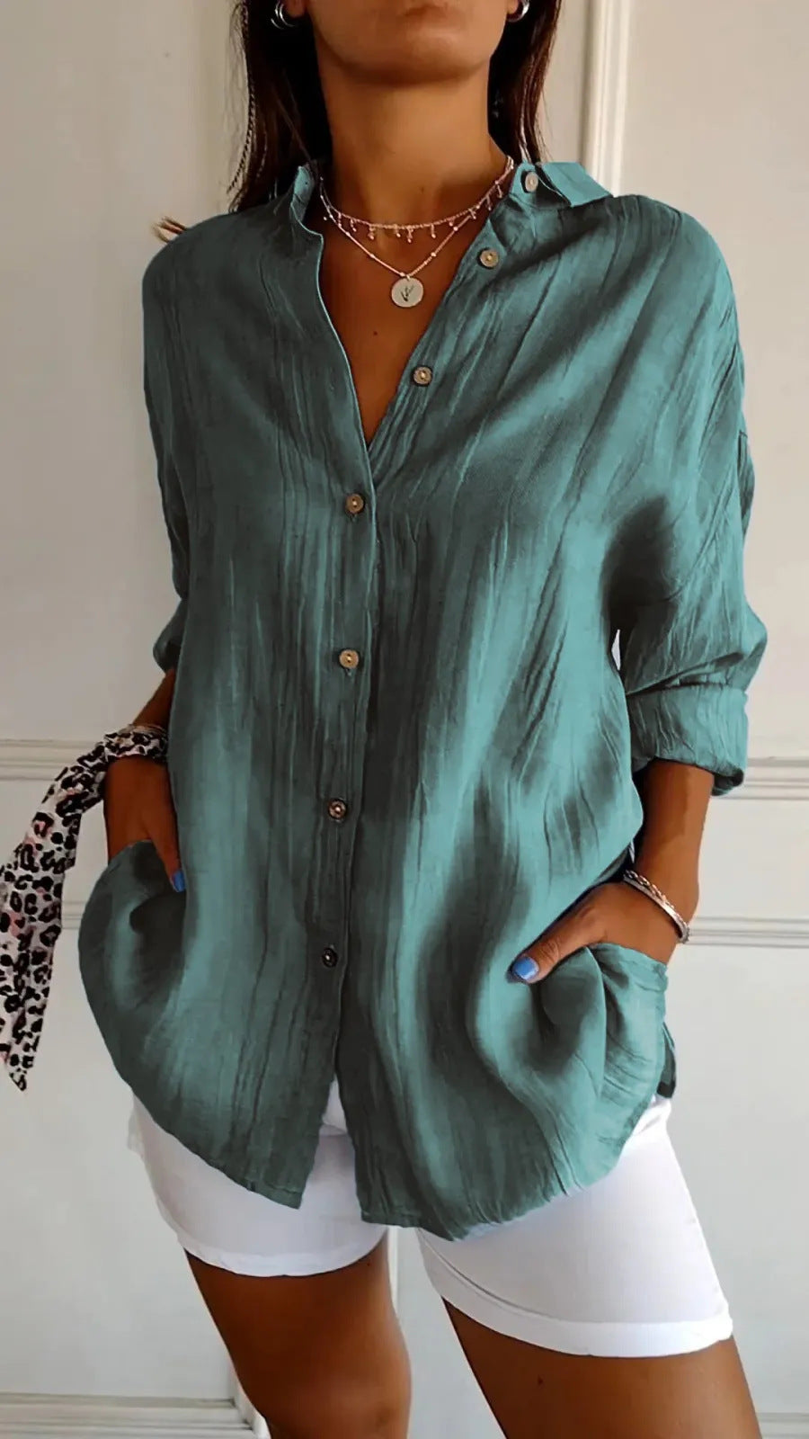 Women's Oversized Lapel Button-Down Shirt with Pleated Back