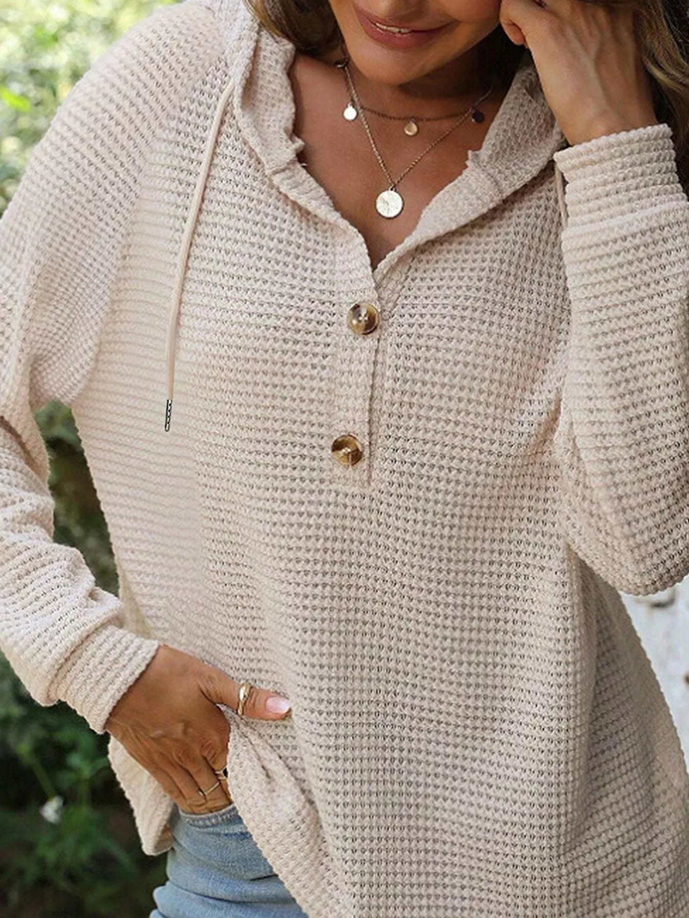 Waffle Knit Hooded Top with Drawstring