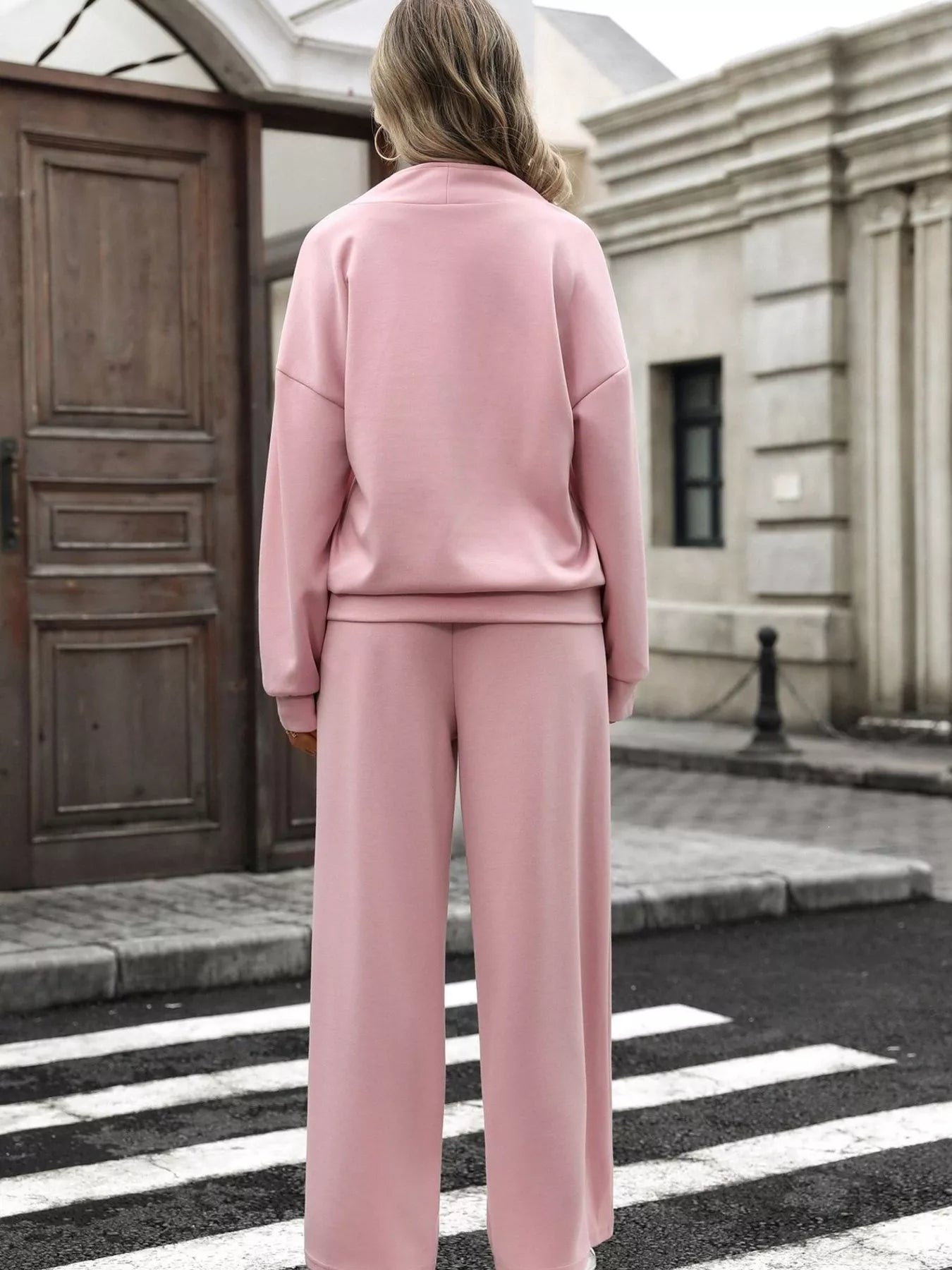 Half Zip Sweatshirt and Wide-Leg Pants Set