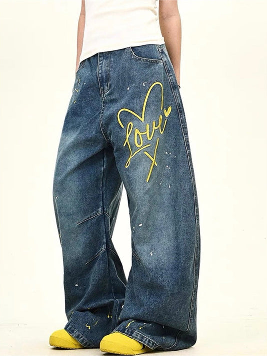 Men's Full Size Love Washed Wide Leg Jeans Plus Size