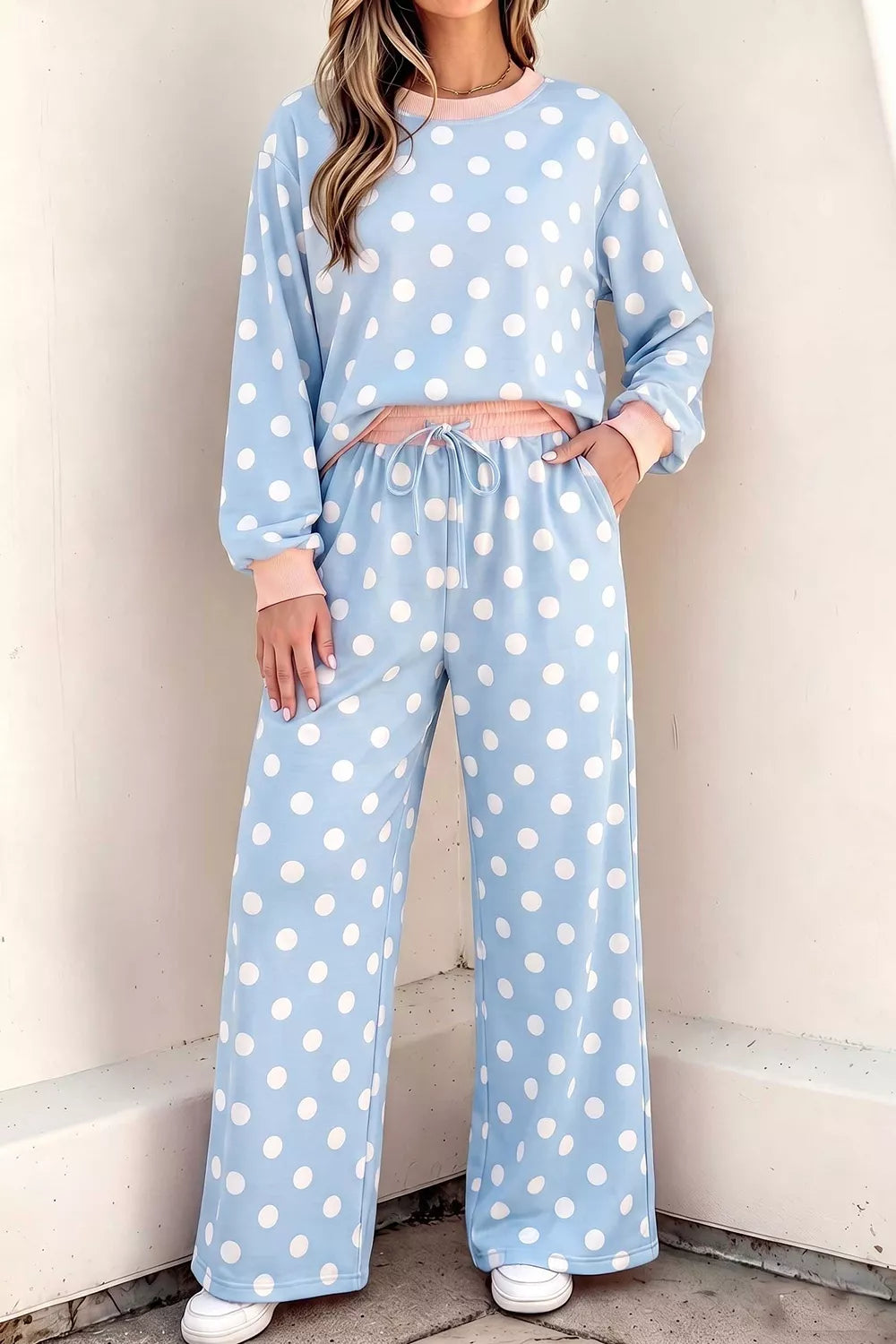 Polka Dot Contrast Trim Long Sleeve Top Drawstring Shift Pants Set