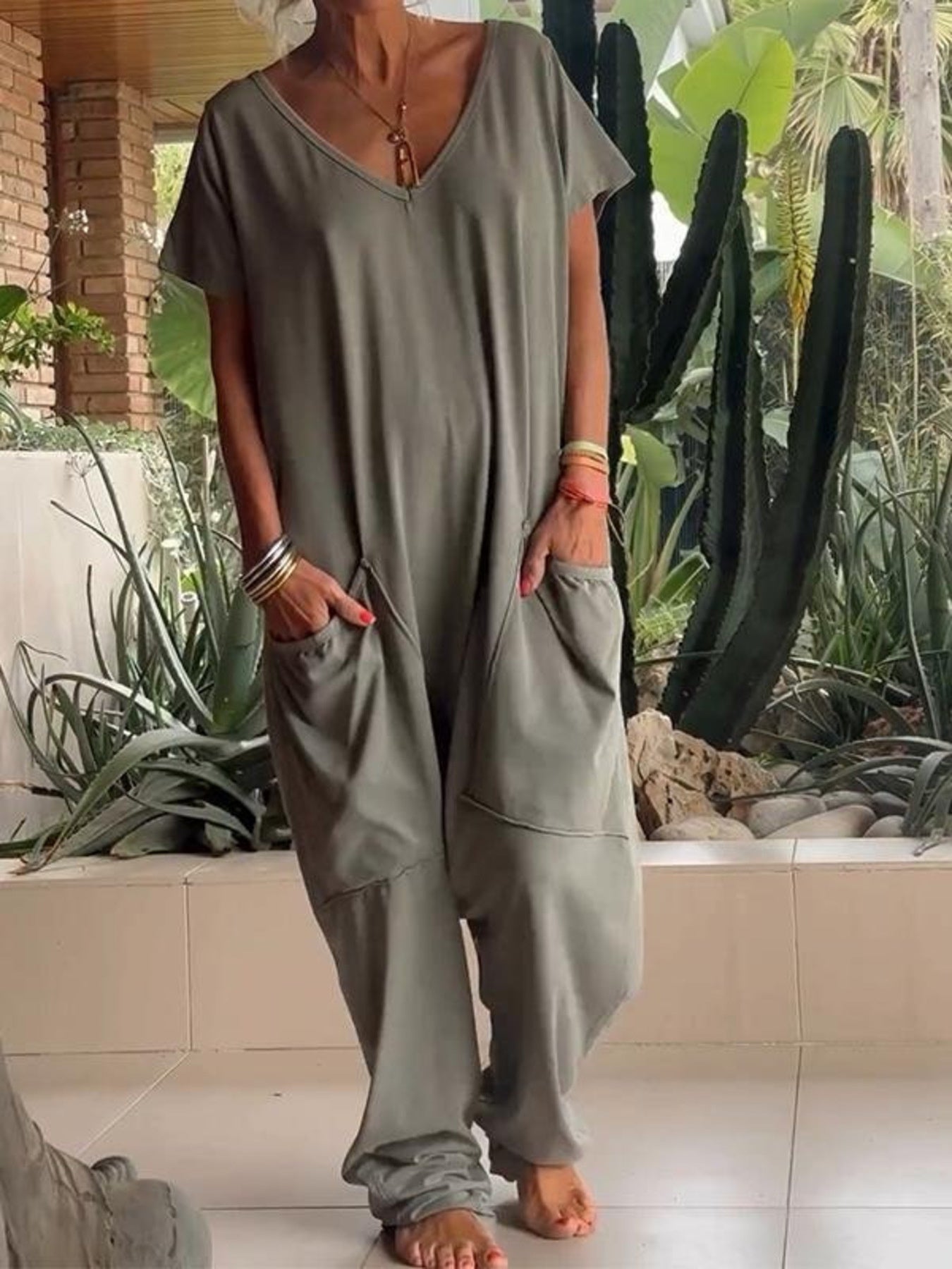 Full Size Loose Fit V-Neck Short Sleeve Wide Leg Jumpsuit Plus Size