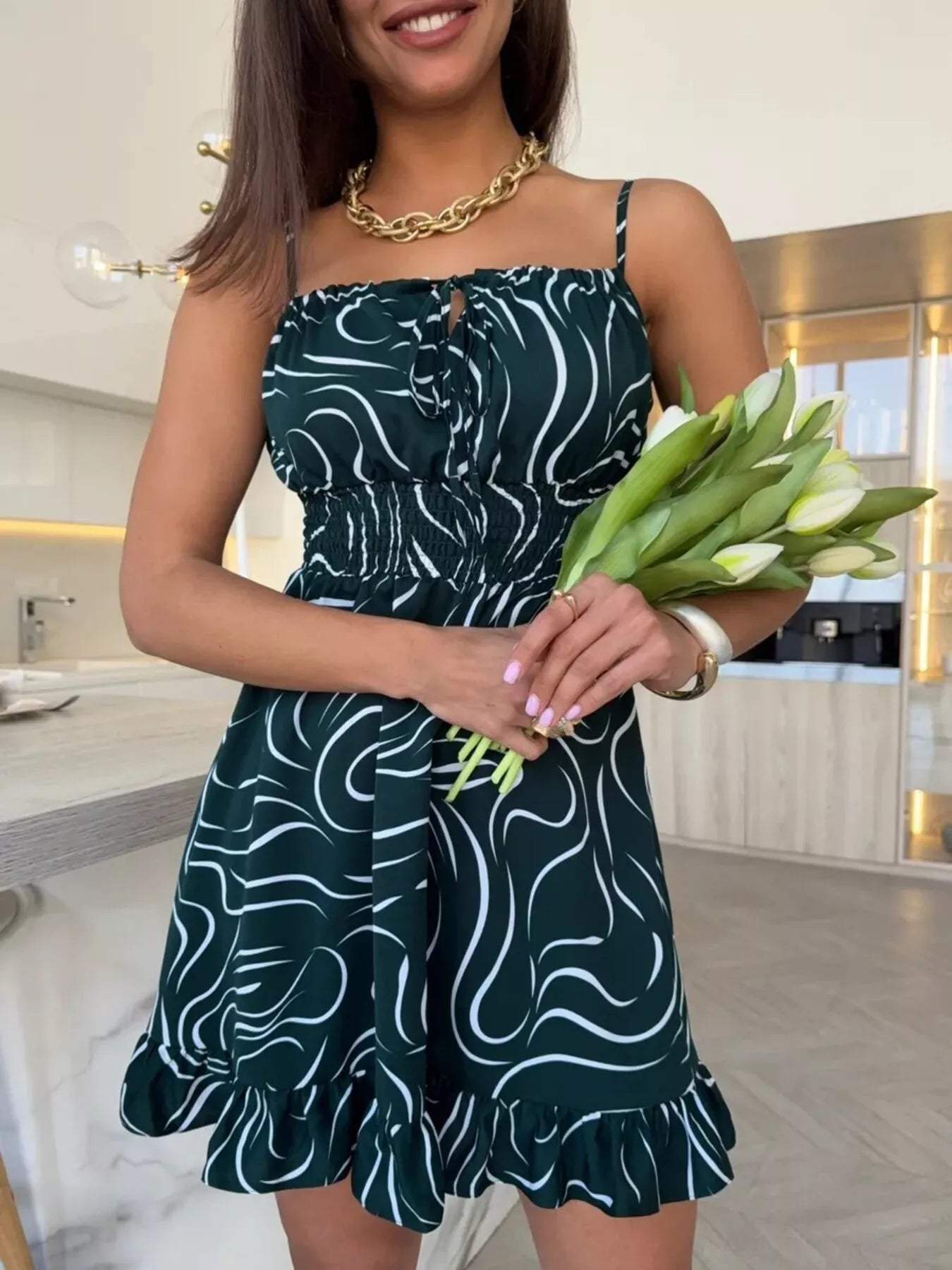 Spaghetti Strap Ruffle Hem Mini Dress with Abstract Print