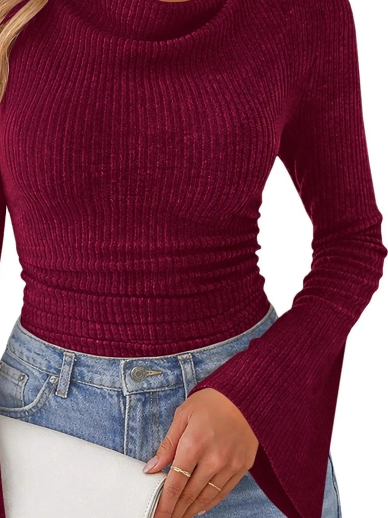 Ribbed Knit Cowl Neck Flared Sleeves Top