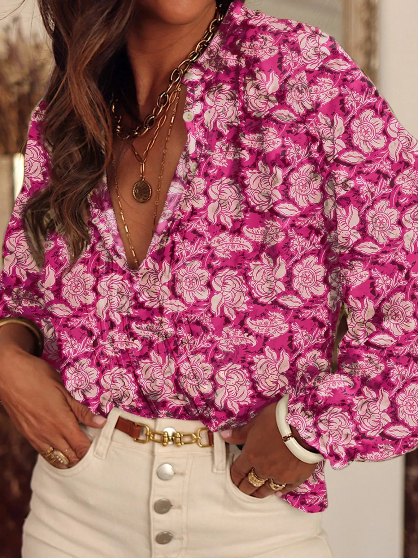 Floral Print Split Neck Pleated Long Sleeve Blouse