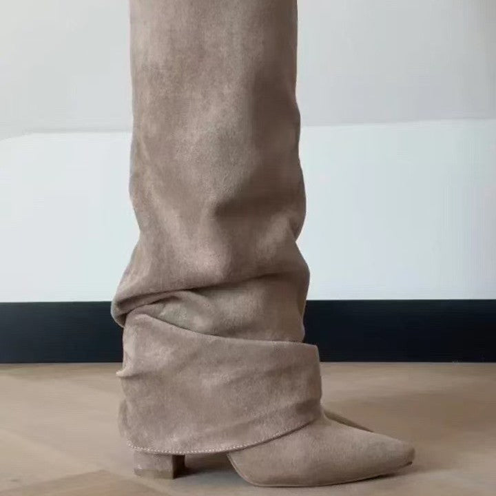 Women's Slouchy Pleated Mid-Calf Boots – Pointed Toe Chunky Heel Faux Suede