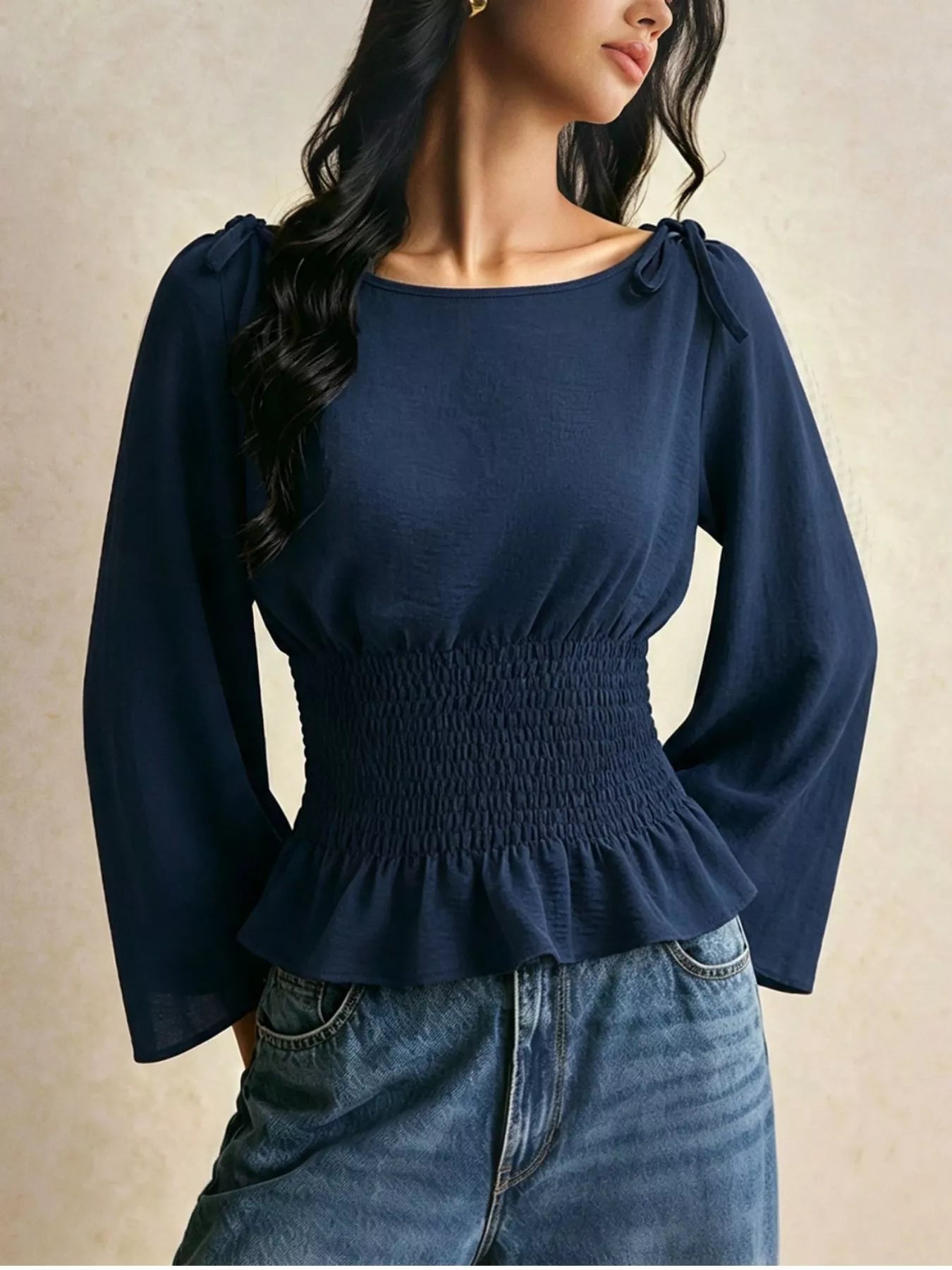 Smocked Waist Flare Sleeve Blouse