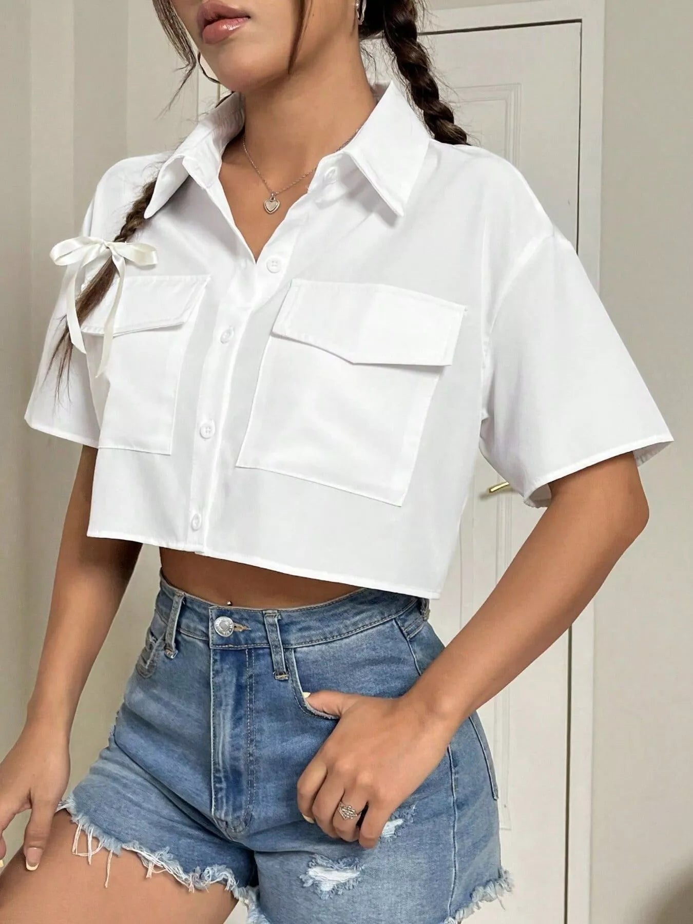 Short Sleeve Crop Shirt with Chest Pockets