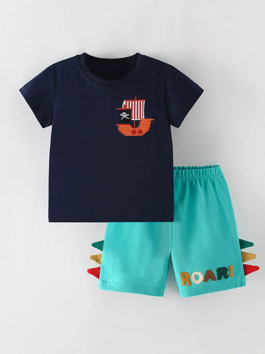 Children's Pirate Ship Applique Tee and Dinosaur Shorts Set