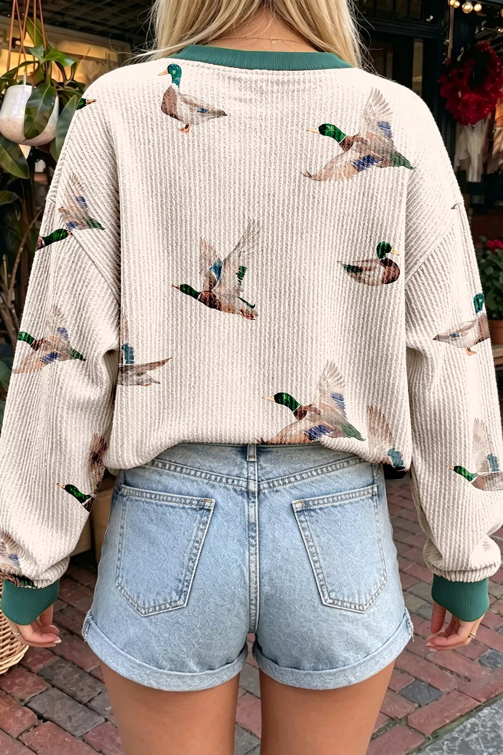 Twisted Ribbed Duck Print Crewneck Casual Pullover Top