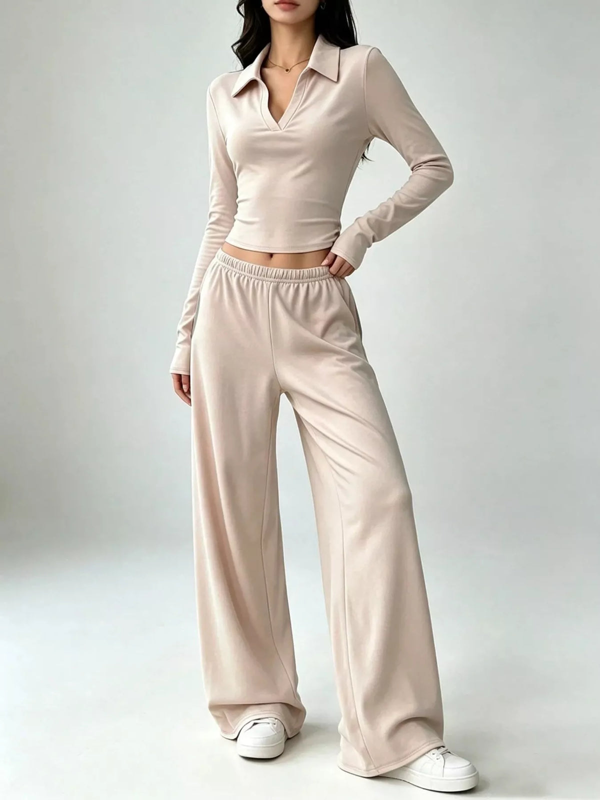 Solid Color Long Sleeve Polo Collar Top and Wide Leg Pants Set