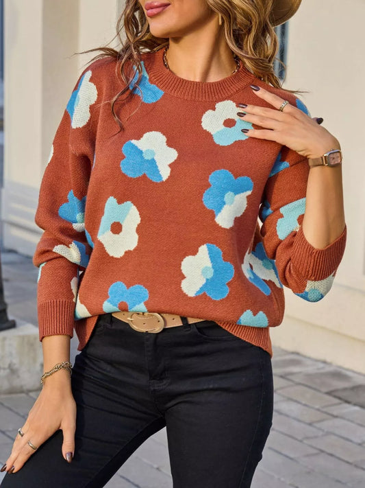Floral Crew Neck Long Sleeve Sweater