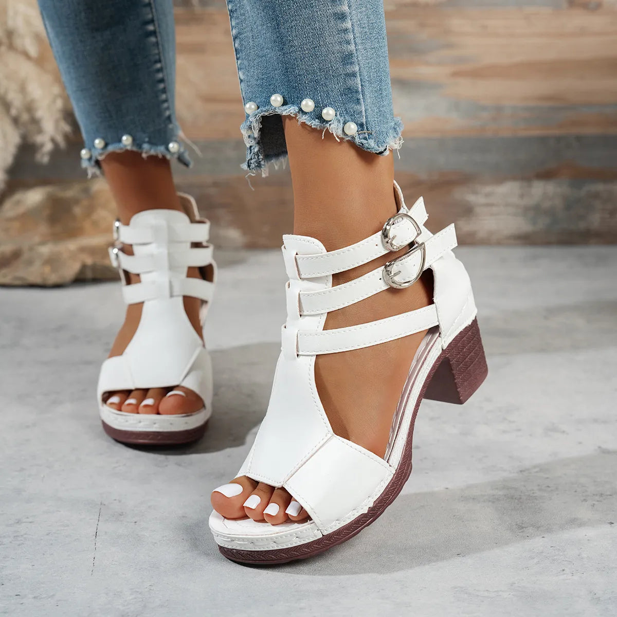 Block Heel Buckle Strap Sandals