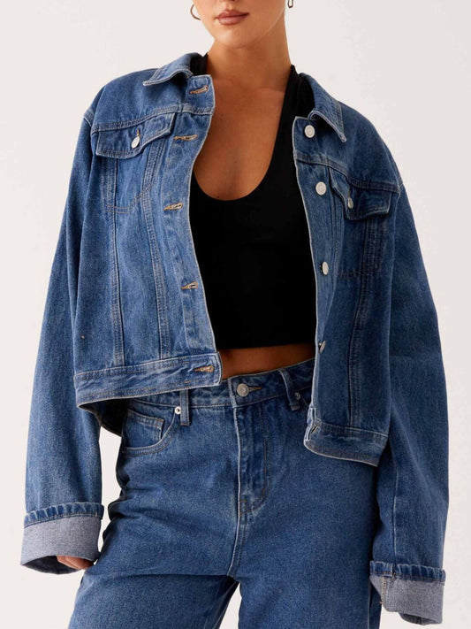 Button Down Cropped Oversized Denim Jacket
