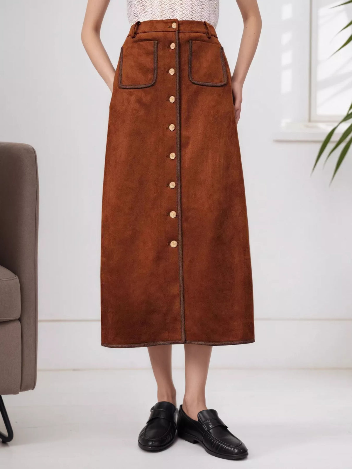 High-Waisted Button-Front Midi Skirt