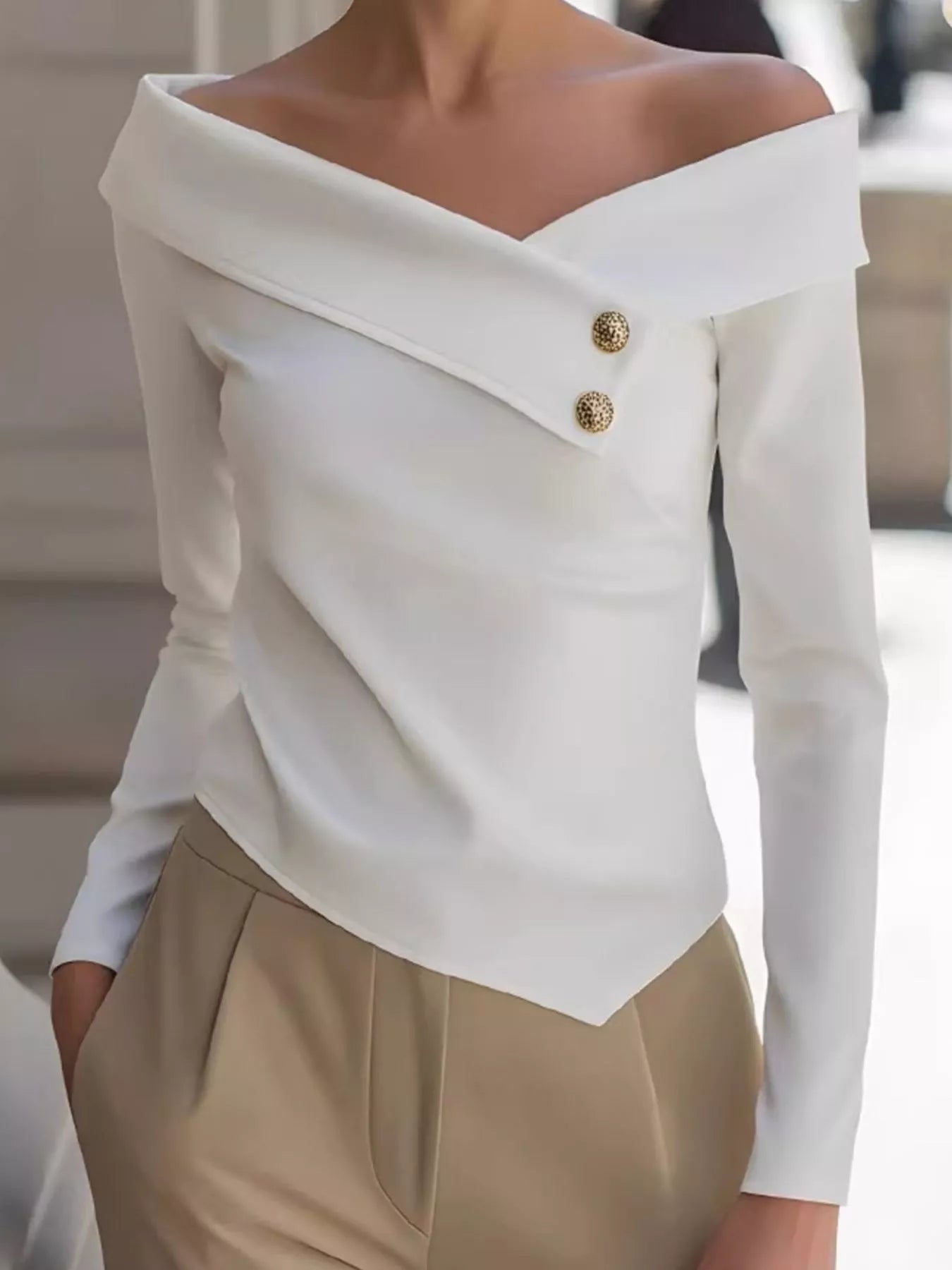 Elegant Off-the-Shoulder Blouse with Decorative Buttons