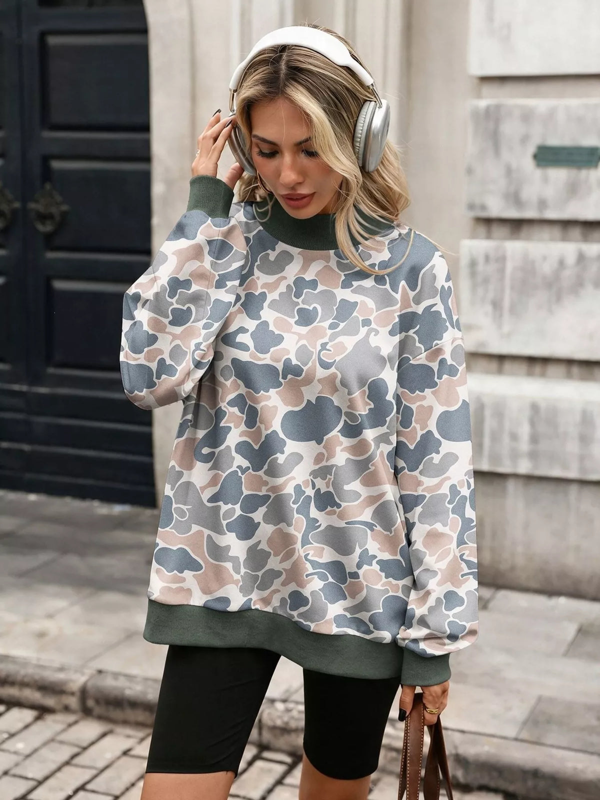 Camouflage Print Mock Neck Sweatshirt