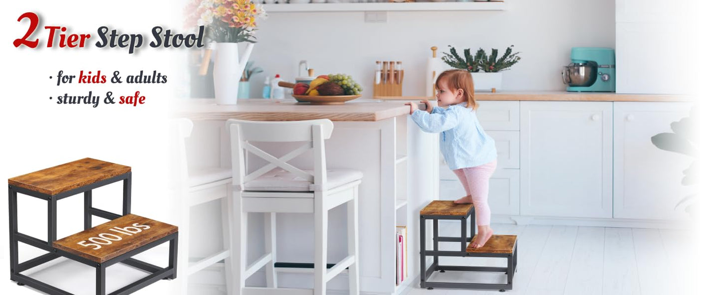 2-Step Stool for Adults & Kids, Heavy-Duty Steel & Wooden, Supports 500lbs, Ideal for Kitchen, Bedroom, Bathroom