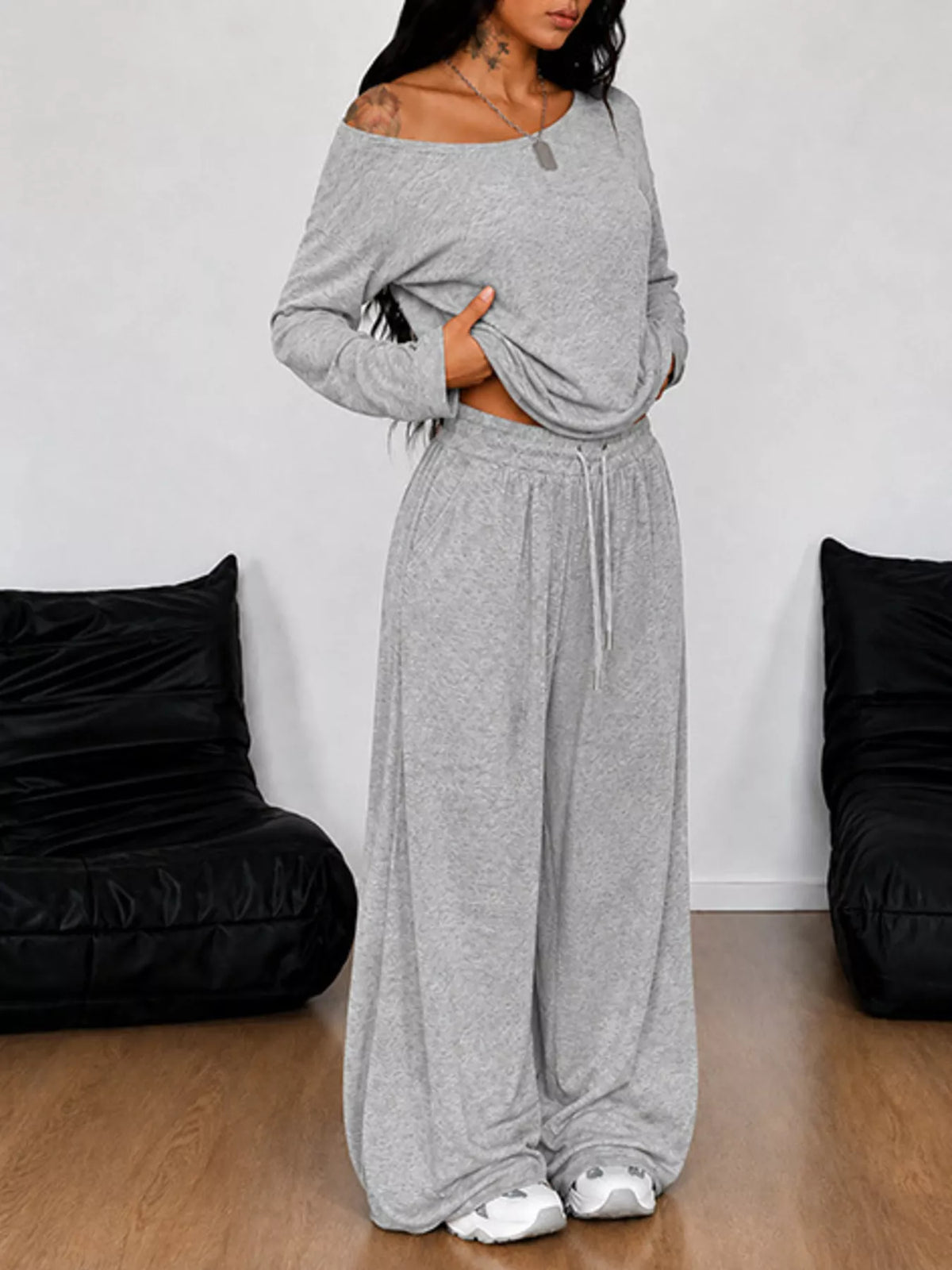 Full Size One-Shoulder Top and Drawstring Pants Set Plus Size