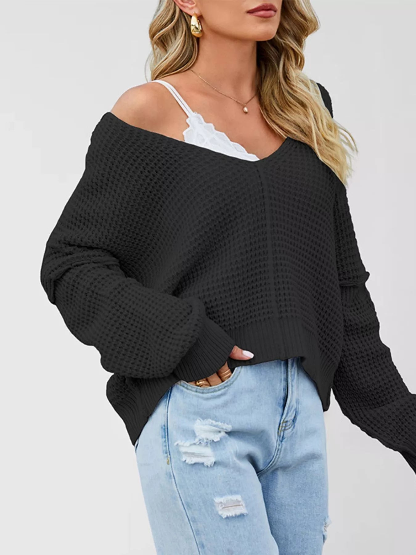 Waffle Knit Dropped Shoulder Sweater