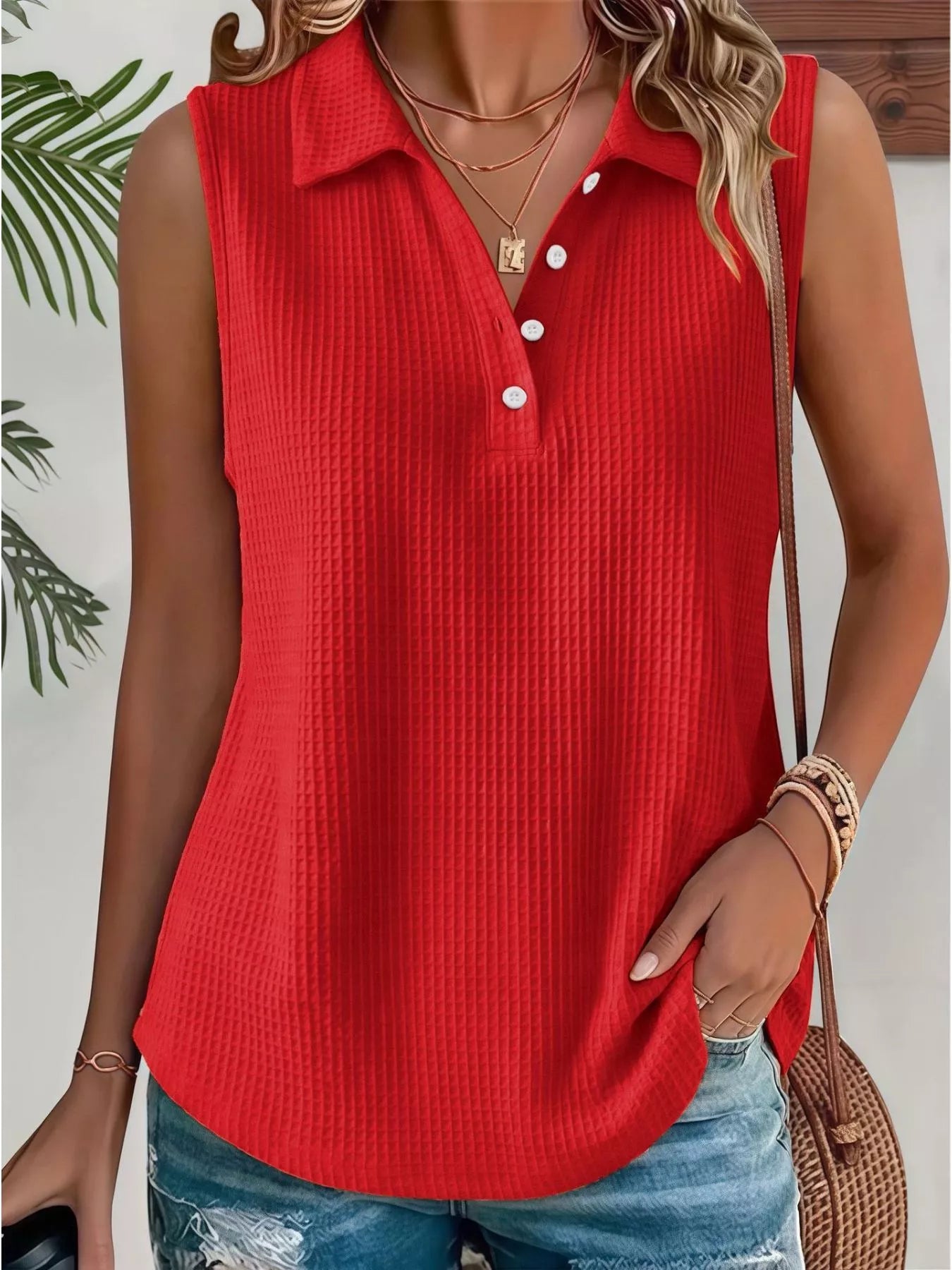 Full Size Waffle Knit Button Detail Sleeveless Top Plus Size