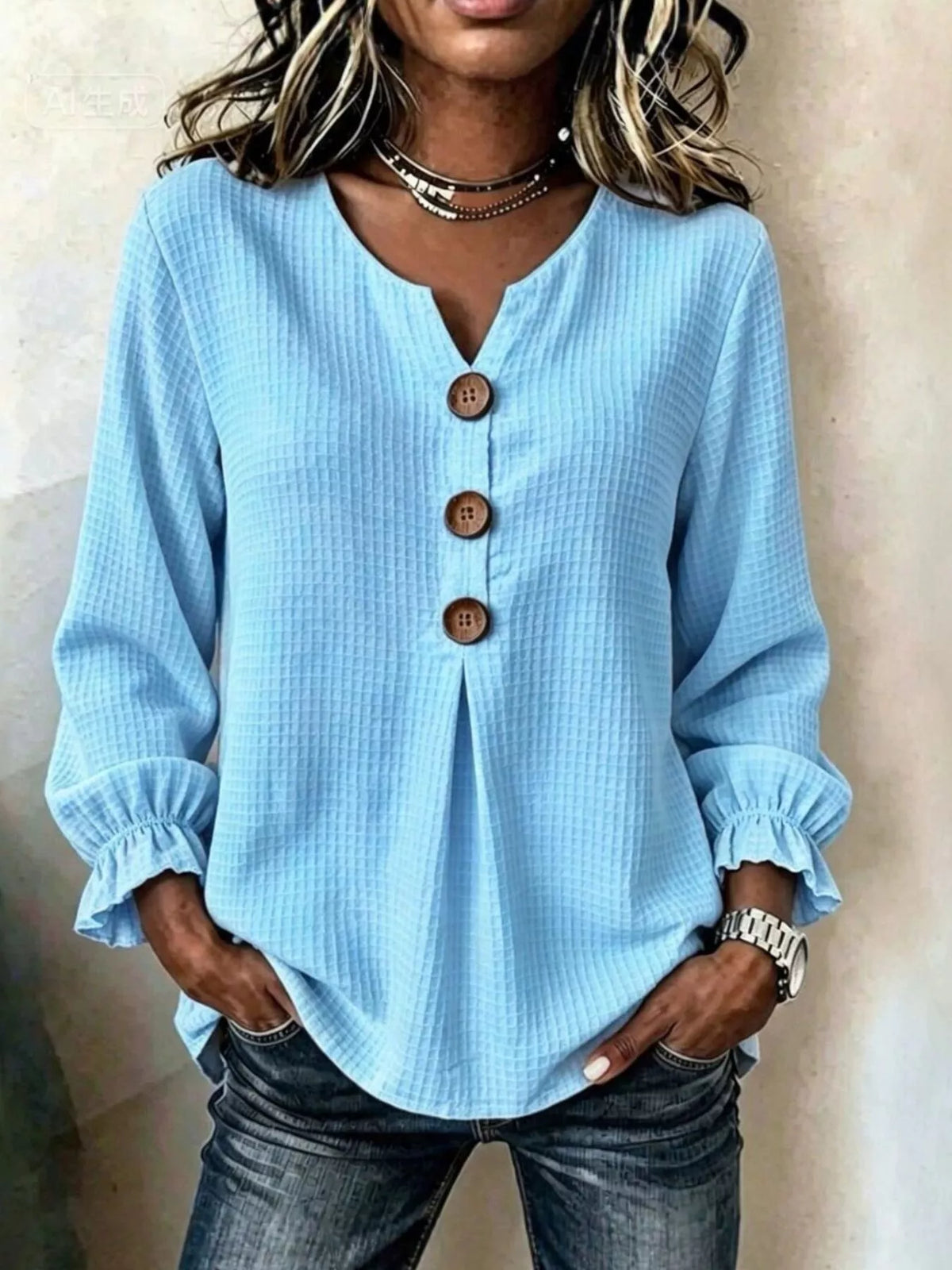 Full Size Waffle Knit Flounce Sleeve Blouse Plus Size
