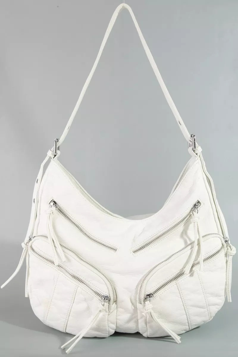 Fame Multi Zipper Pocket Leather Hobo Bag