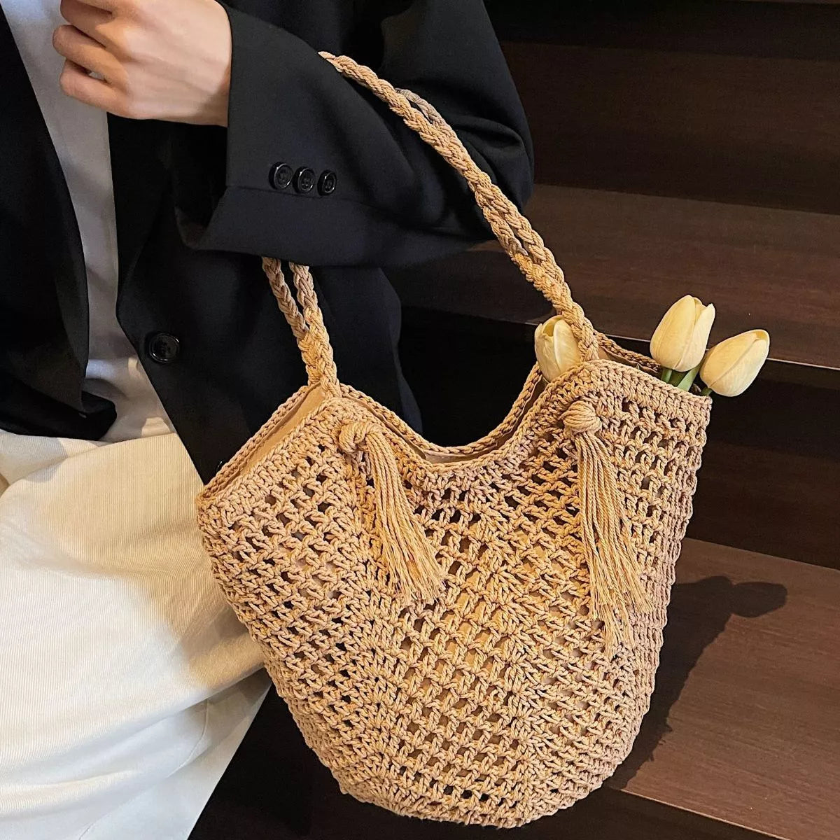 Crochet Shoulder Bag with Tassel Accents