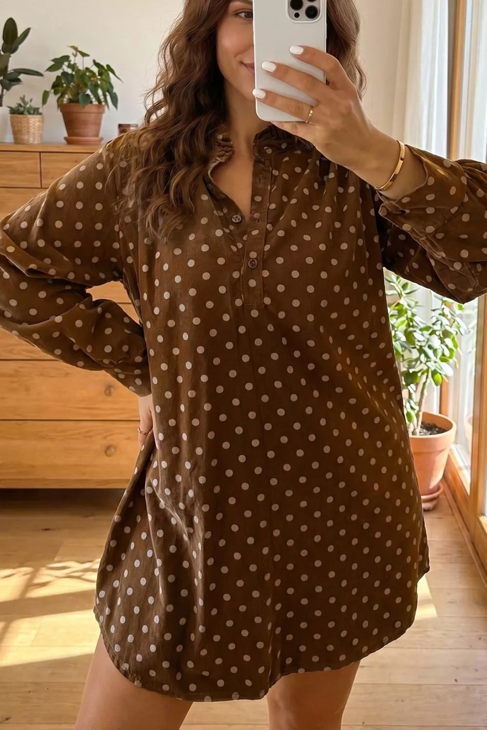 Polka Dot V Neck Long Sleeve Button Shift Dress