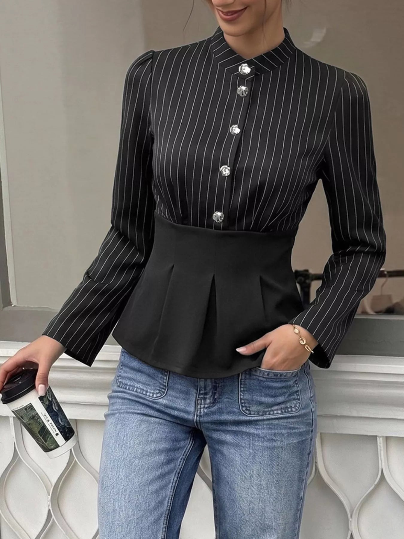 Striped Long Sleeve Peplum Blouse