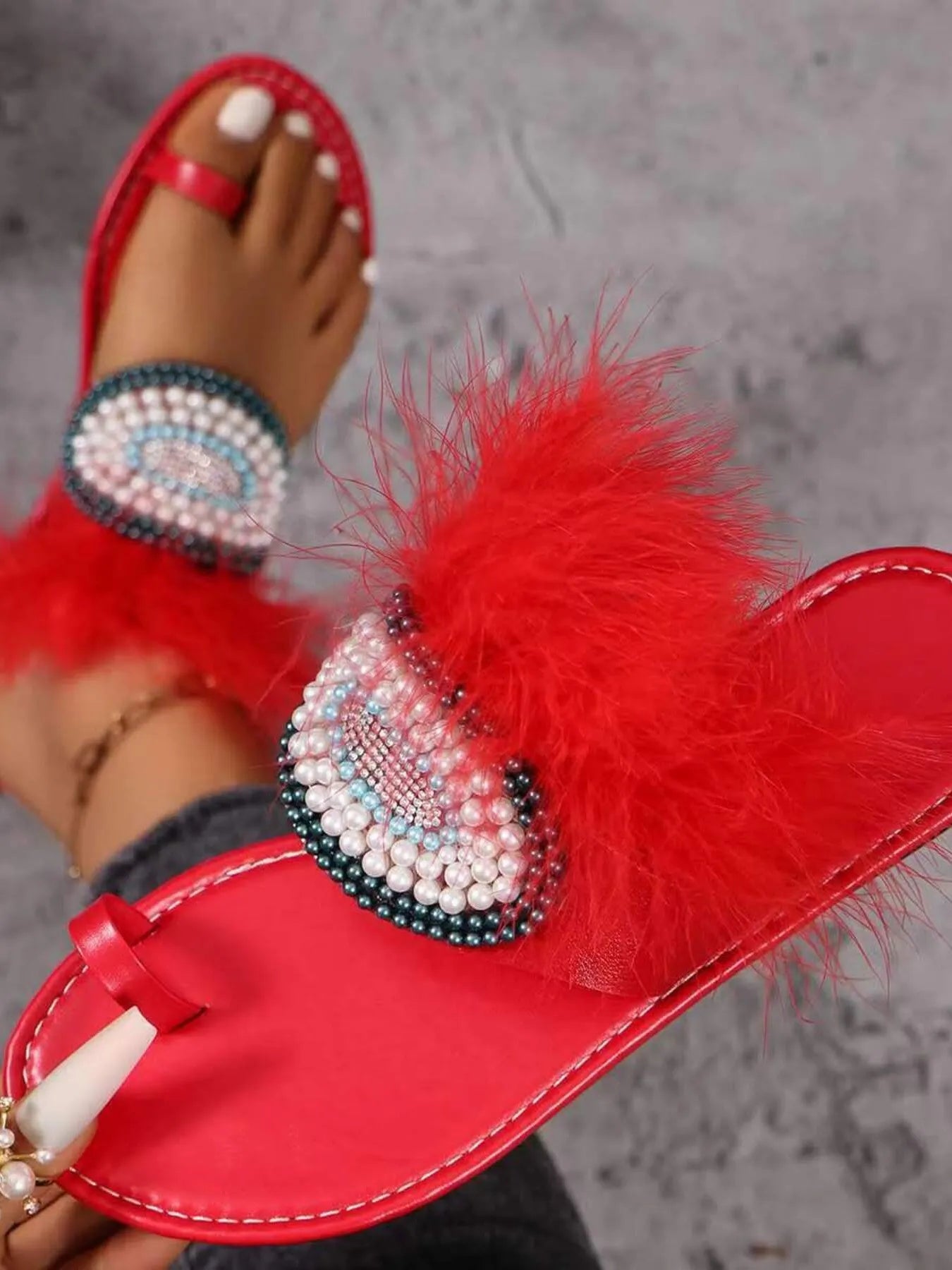 Toe Loop Fur Trim Flat Sandals