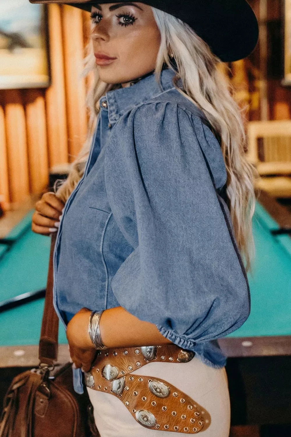 Puff Half Sleeve Collared Denim Shirt