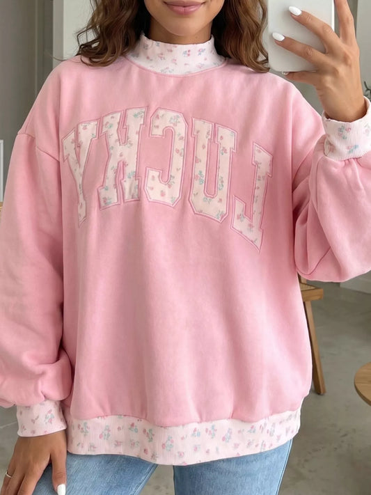 High Neck Floral Patch Embroidery Long Sleeve Sweatshirt