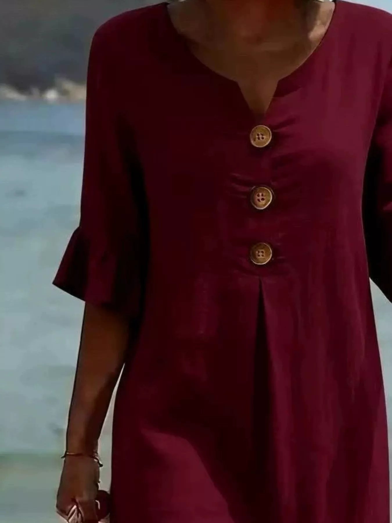 Full Size Casual Decor Button Dress with Ruffle Sleeves Plus Size