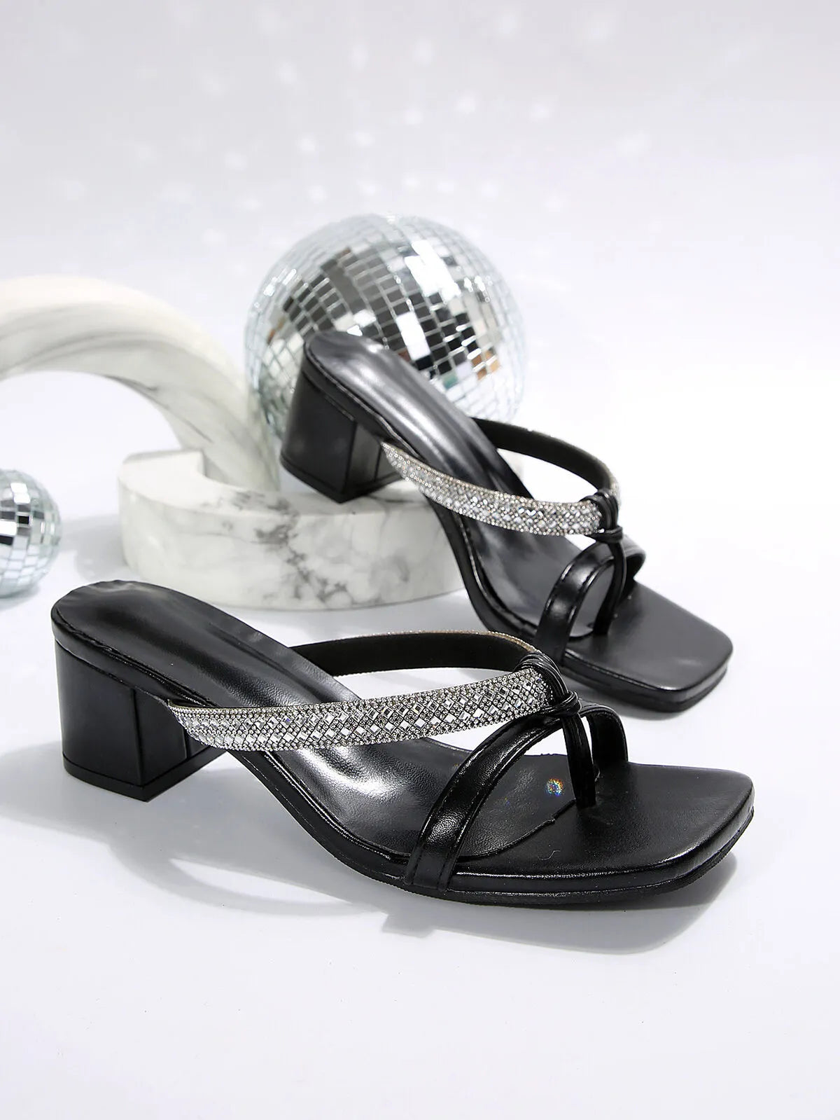 Rhinestone Embellished Block Heel Sandals