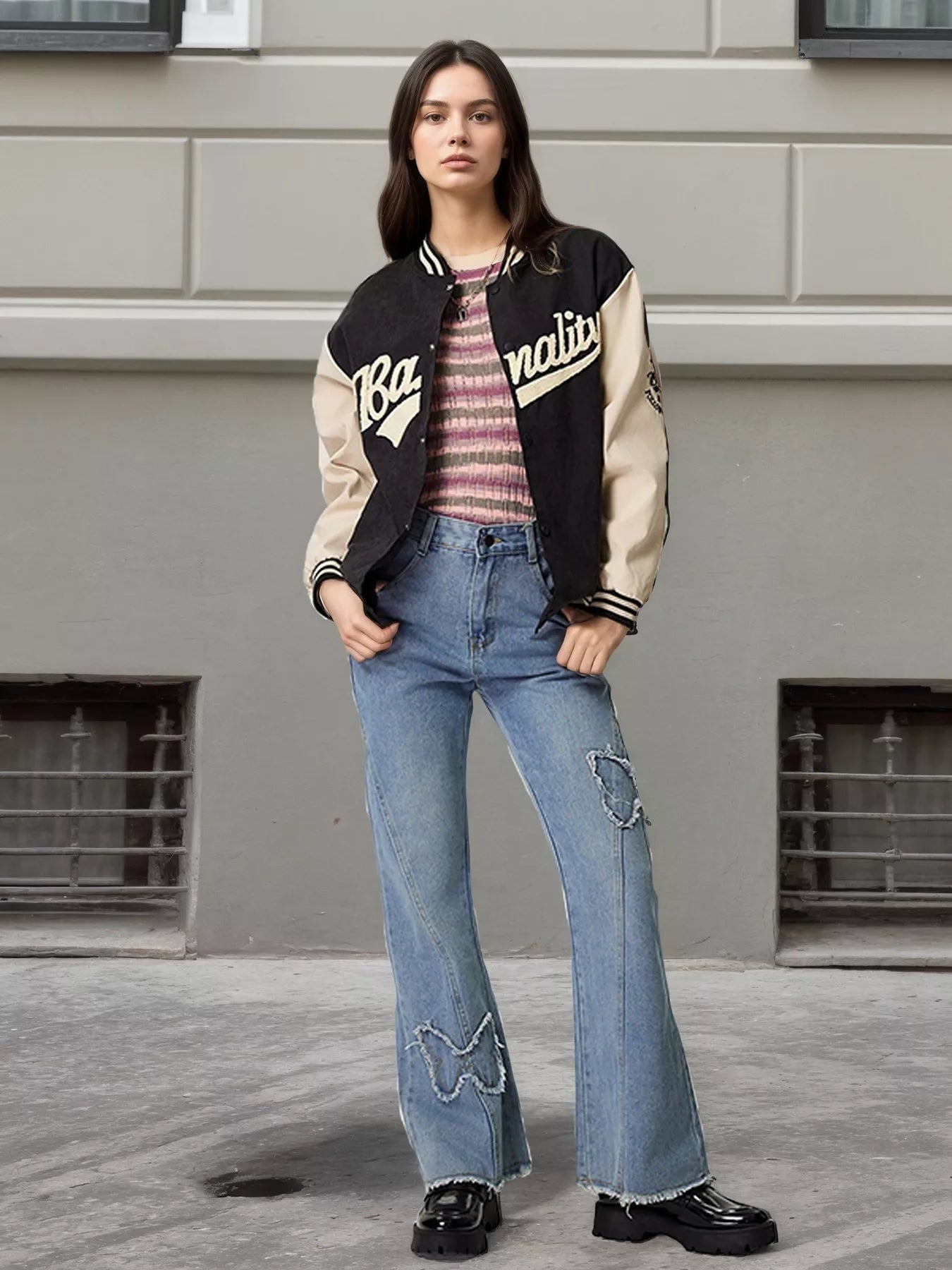 Contrast Baseball Jacket with Embroidered Lettering