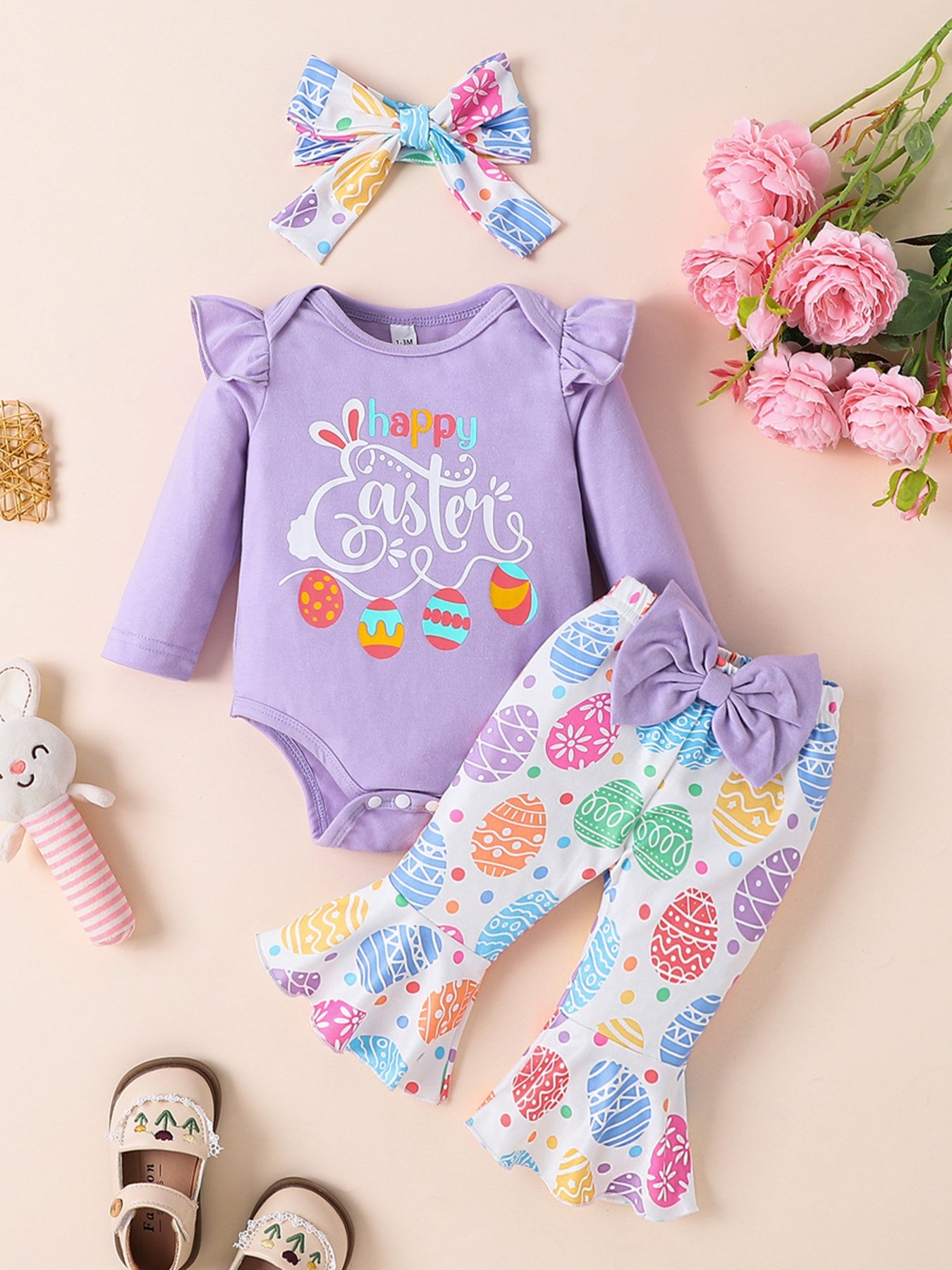 Children's Letter Ruffled Trim Bodysuit and Pants Set with Headband