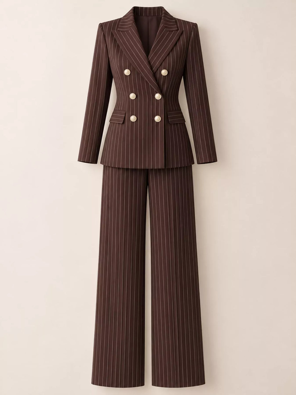 Double-Breasted Pinstripe Blazer and Wide-Leg Pants Set