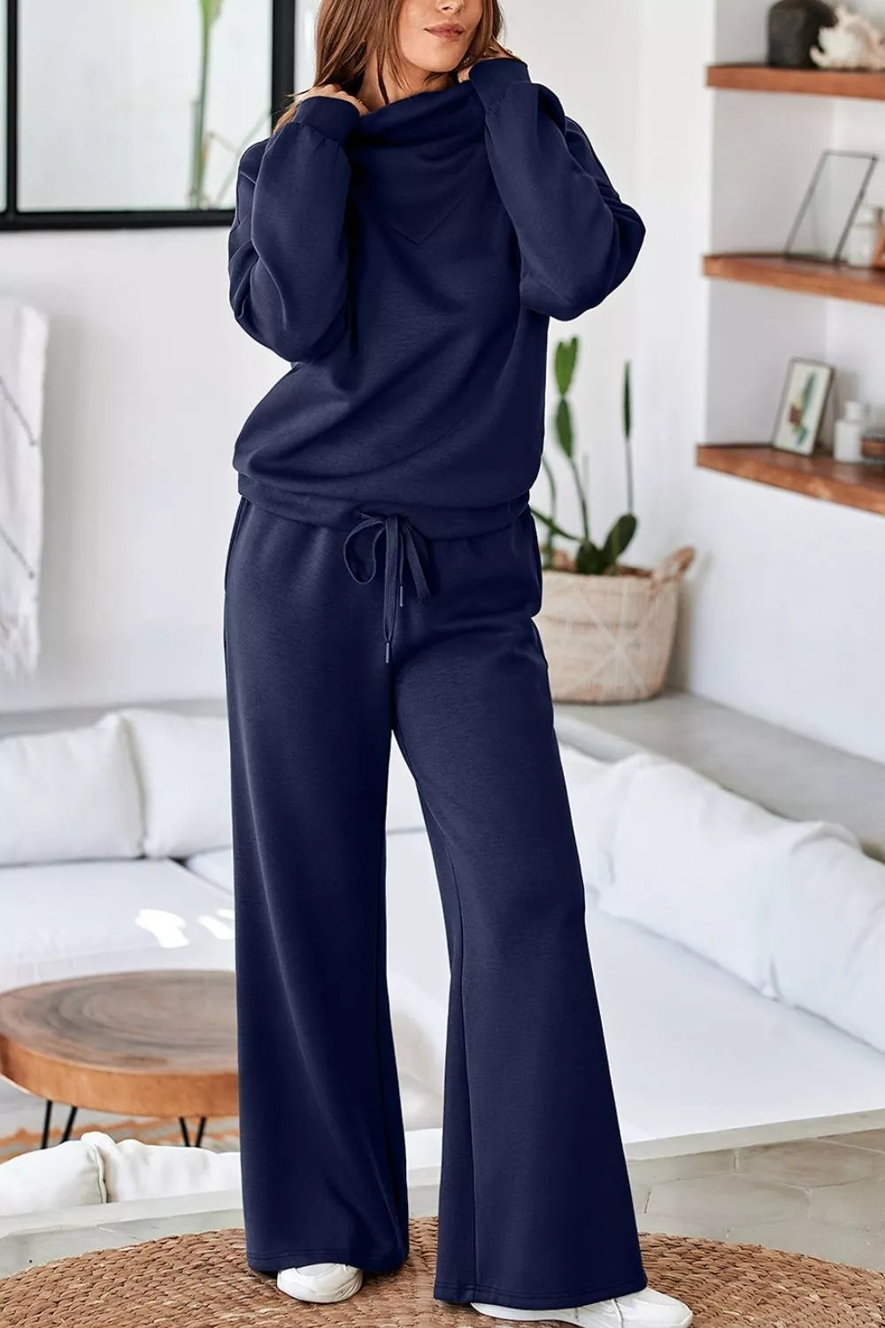 Solid Color Cowl Neck Drawstring Pullover Wide Leg Athleisure Pants Set