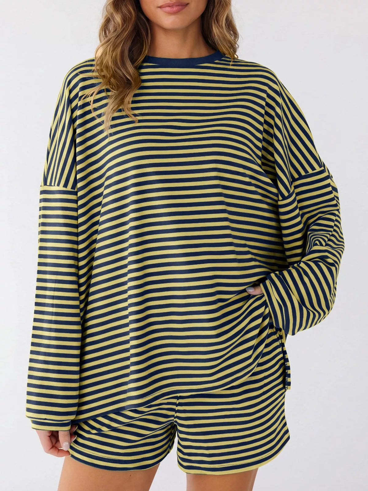 Casual Striped Long Sleeve Top and Shorts Set