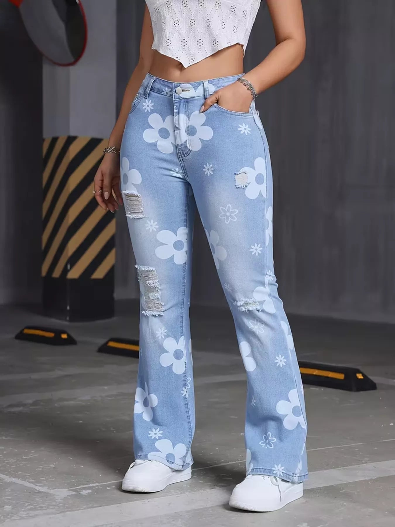 High-Waisted Floral Print Distressed Flare Jeans