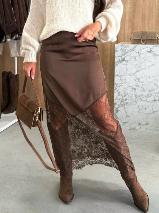 Lace Trim Satin Midi Skirt