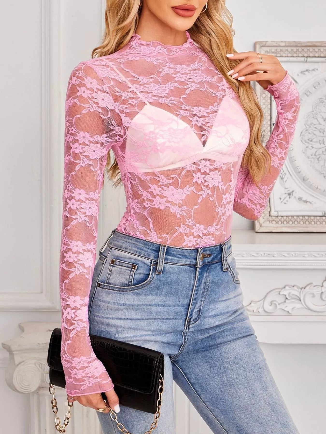 Sheer Floral Lace Long Sleeve Top