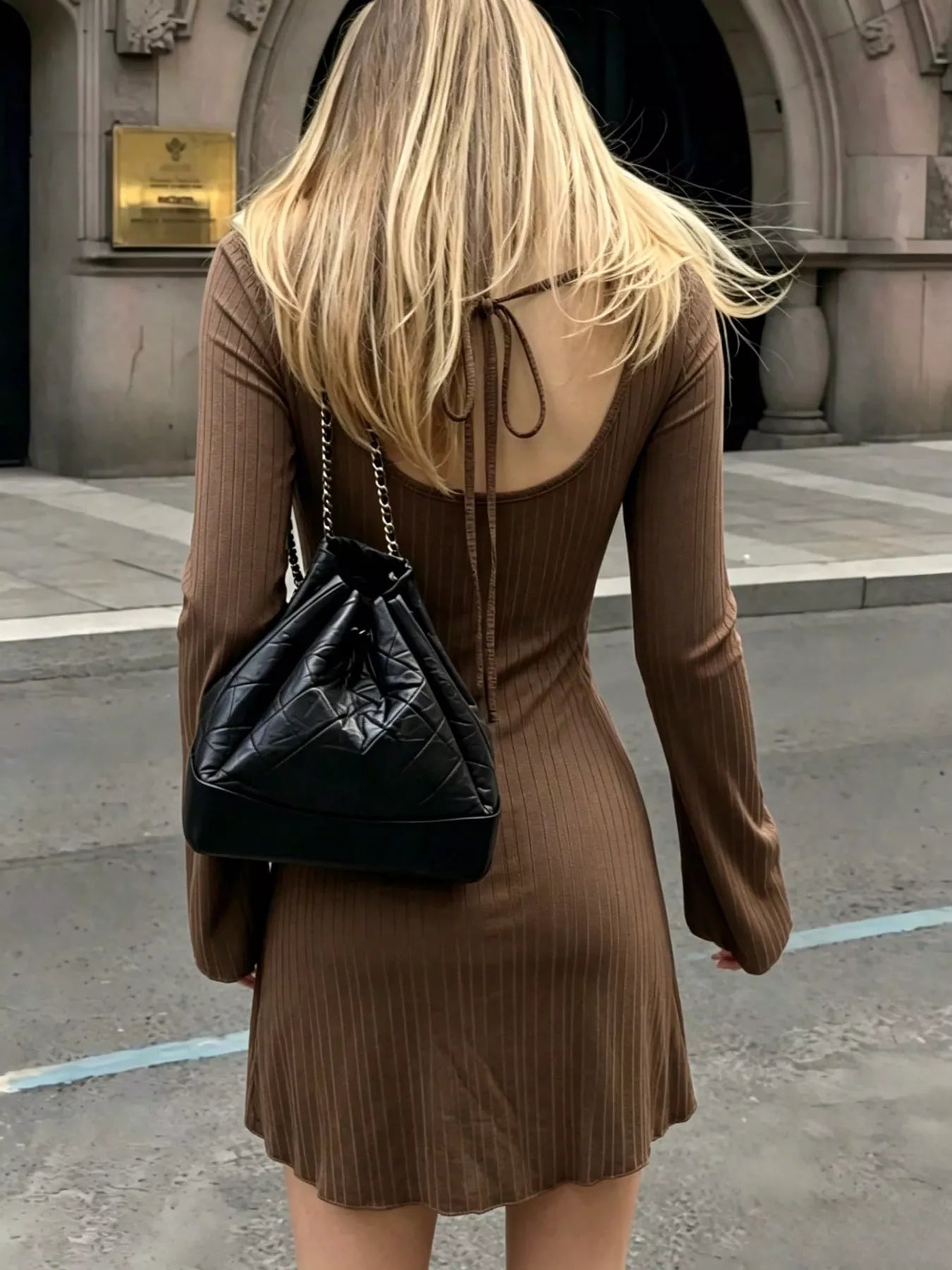 Ribbed Knit Long Sleeve Mini Dress