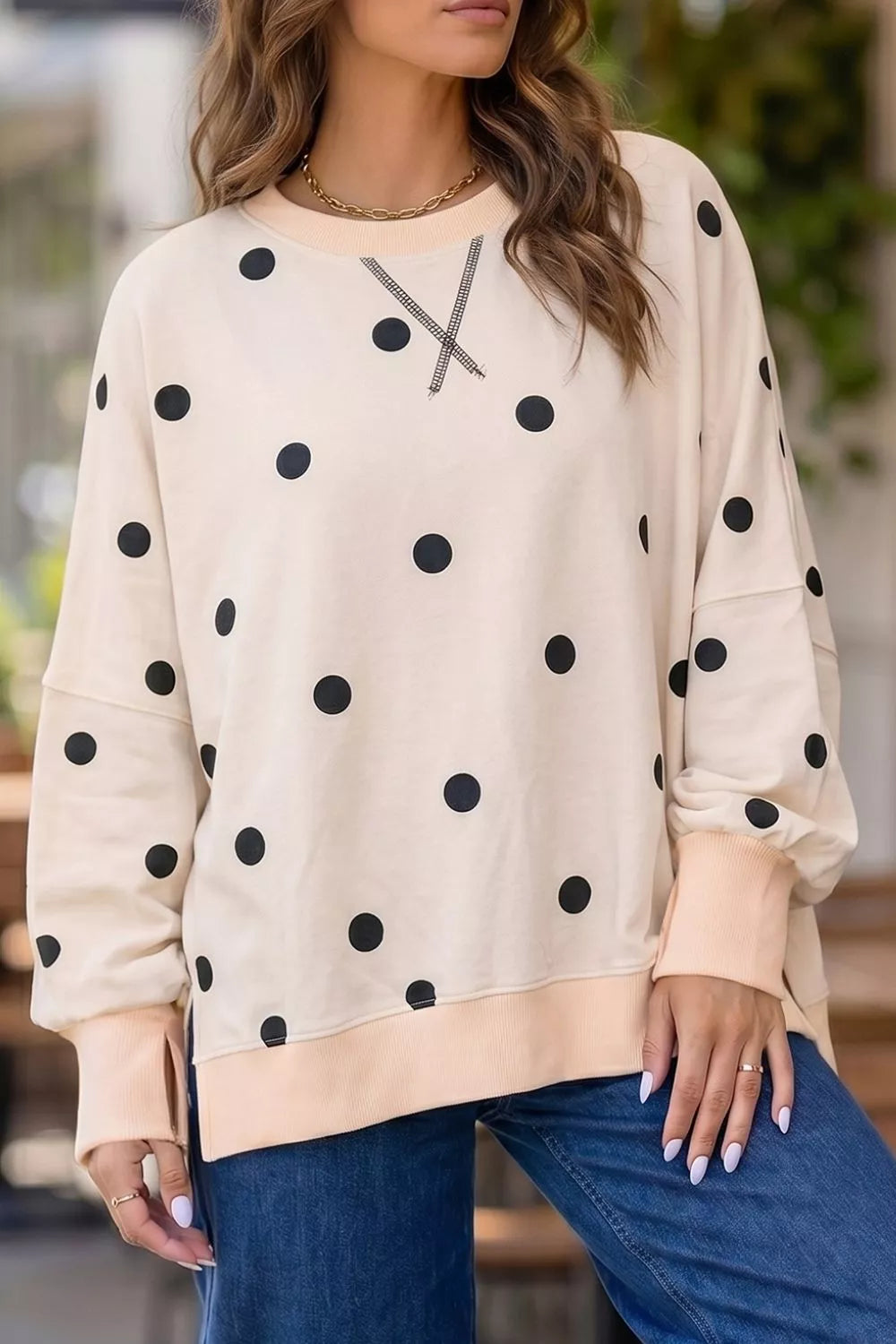Loose-fit Long Sleeve Round Neck Polka Dot Tunic Sweatshirt