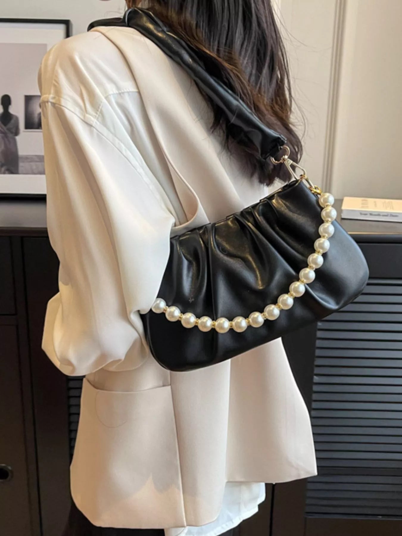 Ruched Shoulder Bag with Pearl Embellishment