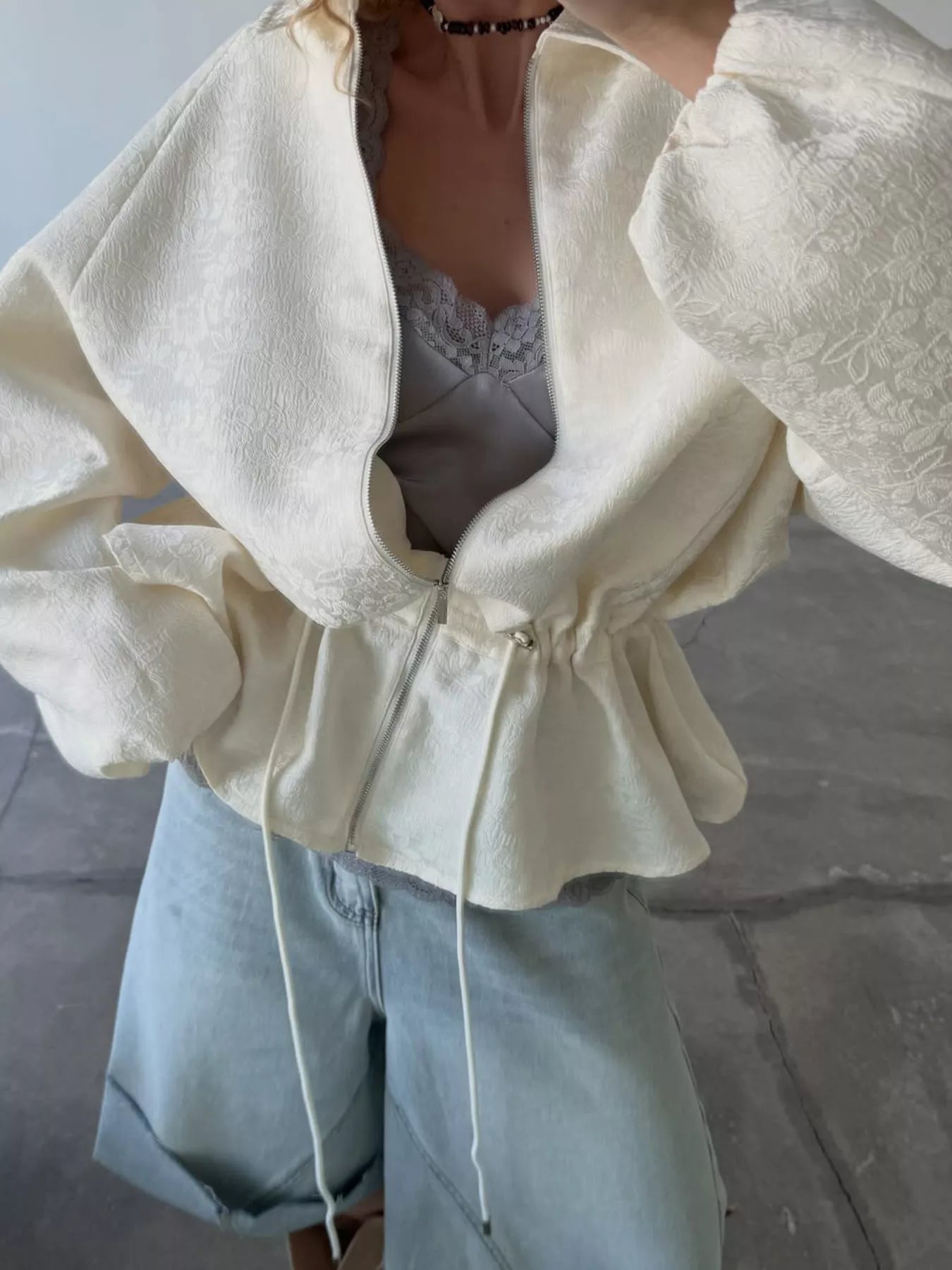 Jacquard Bomber Jacket with Drawstring Waist